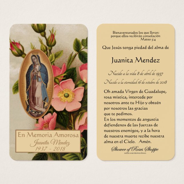 Tarjeta de plegaria religiosa Guadalupe Mary de Es (Anverso y reverso)