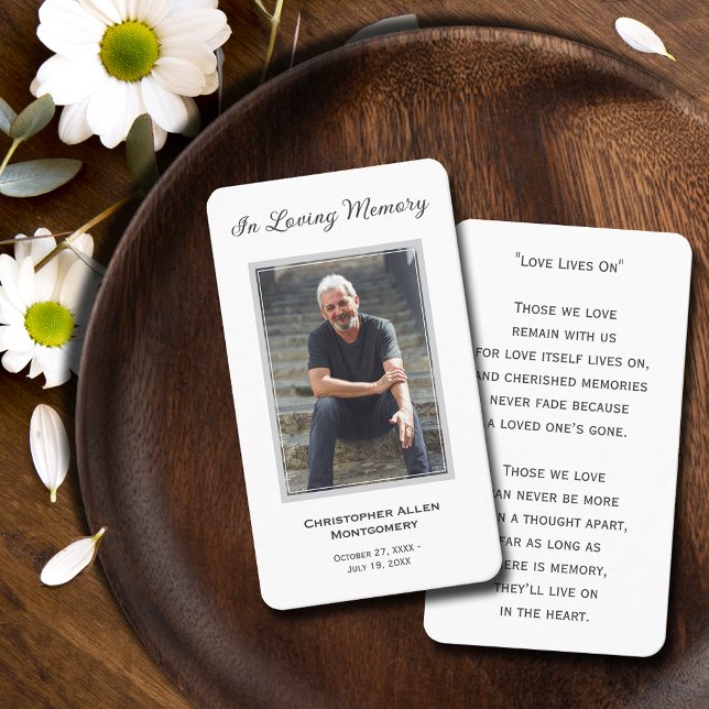 Tarjeta de plegaria simple para simpatía por fotog (SMALL 3.5" x 2" photo funeral memorial cards, details on front, poem or prayer on back)