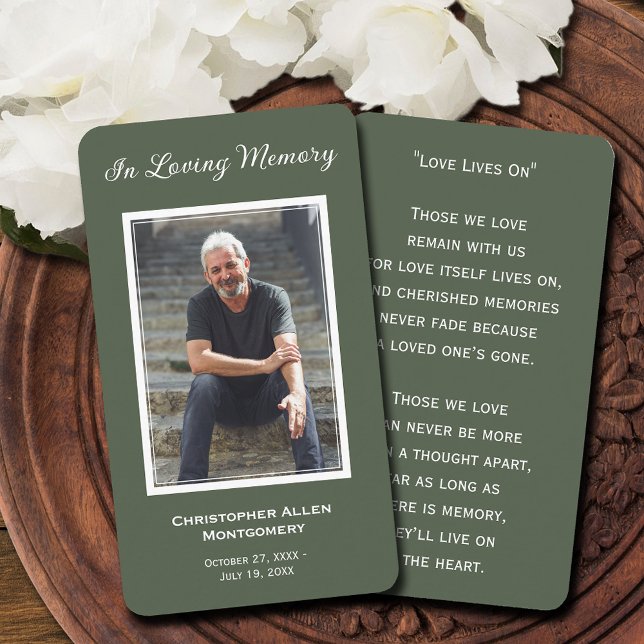 Tarjeta de plegaria simple para simpatía por fotog (Funeral memorial prayer card features a photo and details on the front, a poem or prayer on back)