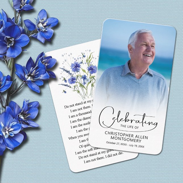 Tarjeta de plegarias fotográficas para la celebrac (Celebration of life photo prayer cards, blue flowers on the back with a poem or prayer 3.5" x 2")