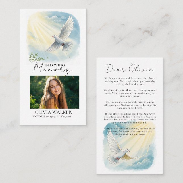 Tarjeta de plegarias funerales Dove in Sunlight Me (Anverso / Reverso)