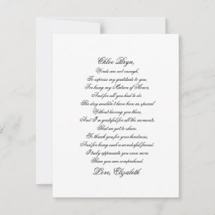 Tarjeta de poema manuscrita de Matrón de Honor