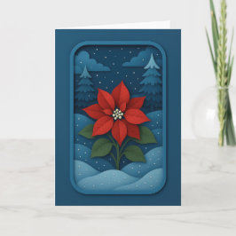 Tarjeta de poinsettia en bosque nevado