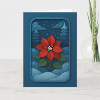 Tarjeta de poinsettia en bosque nevado