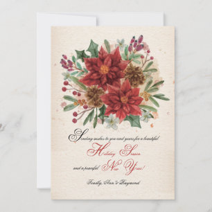 Tarjeta de Poinsettias y Piñas al Acuarela