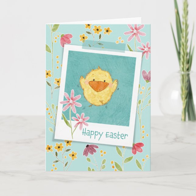Tarjeta de pollo y flores feliz de Pascua (Anverso)