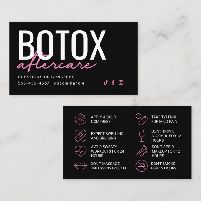 Tarjeta de postcuidado de botox rosa y negro (Anverso / Reverso)