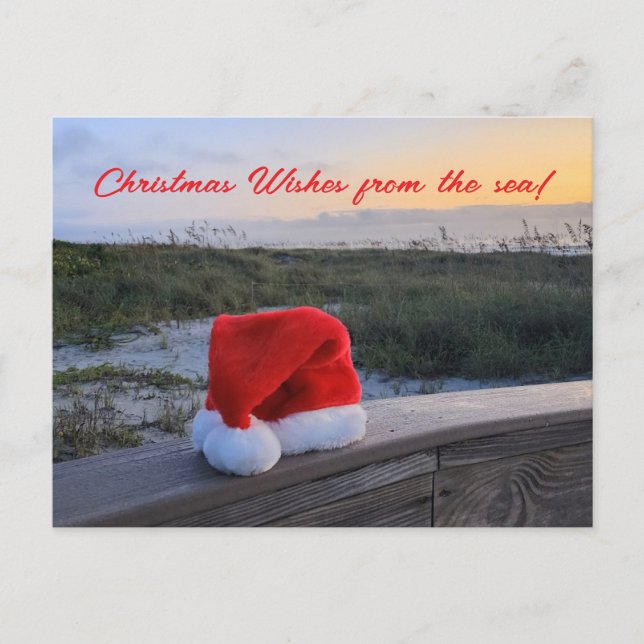 Tarjeta de poste de tema de playa con Santa Hat (Anverso)