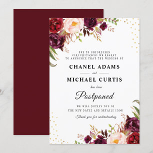 tarjeta de postergación de boda floral de Borgoña