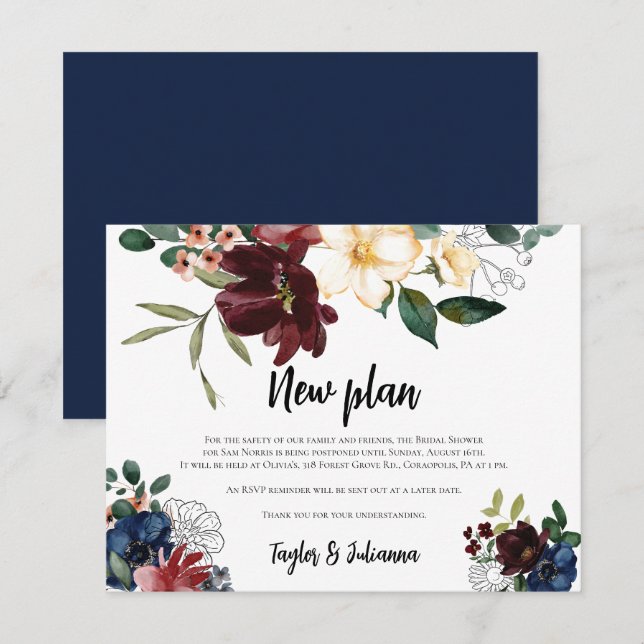 Tarjeta de postergación de ducha de novia floral d (Anverso / Reverso)