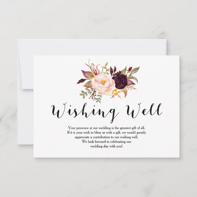 Tarjeta de Pozo de Deseos de Boda Floral Borgoña (Anverso)