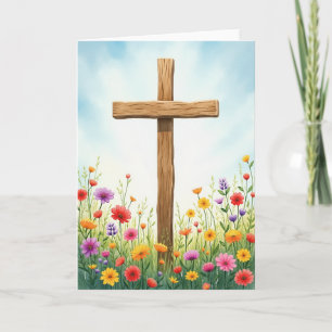 Tarjeta de pradera de flores silvestres con cruz d