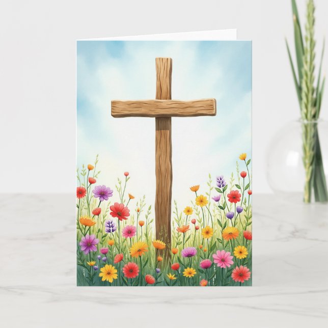 Tarjeta de pradera de flores silvestres con cruz d (Anverso)