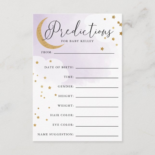 Tarjeta de predicción Baby Shower morada Moon and  (Anverso)