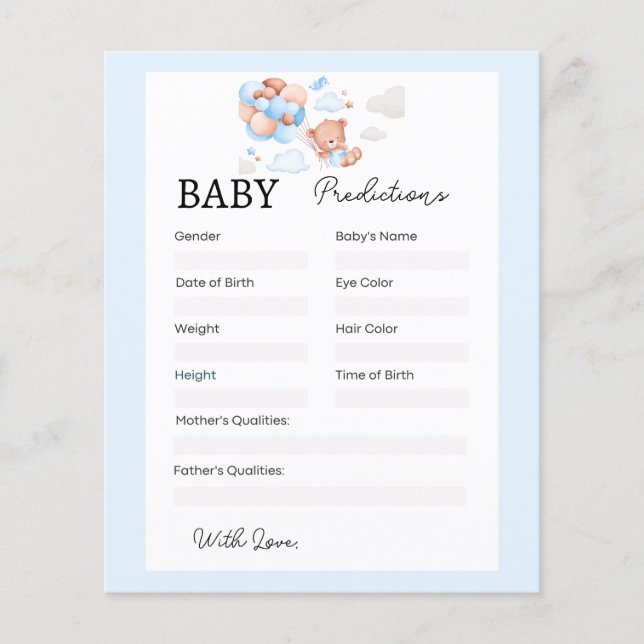 Tarjeta de predicciones Baby Shower Blue Teddy Bea (Anverso)