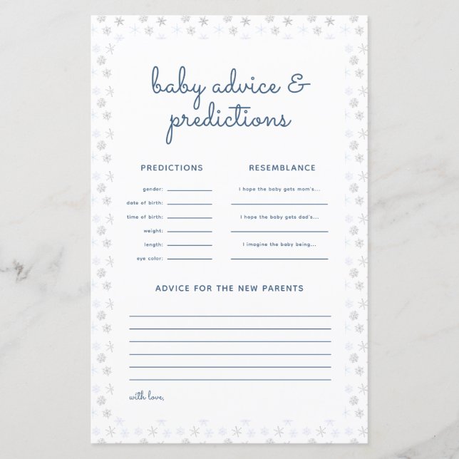 Tarjeta de predicciones Baby Shower para invierno  (Anverso)