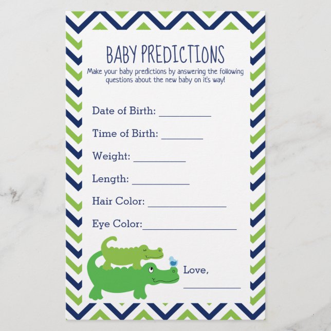 Tarjeta de Predicciones de Baby Shower de Caimán E (Anverso)