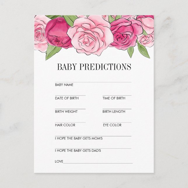 Tarjeta de predicciones de baby shower de rosas ac (Anverso)