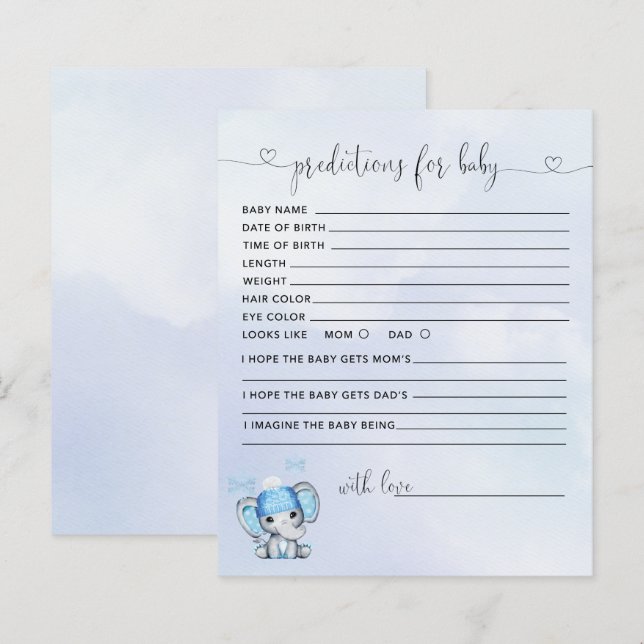 Tarjeta de predicciones de Baby Shower para elefan (Anverso / Reverso)