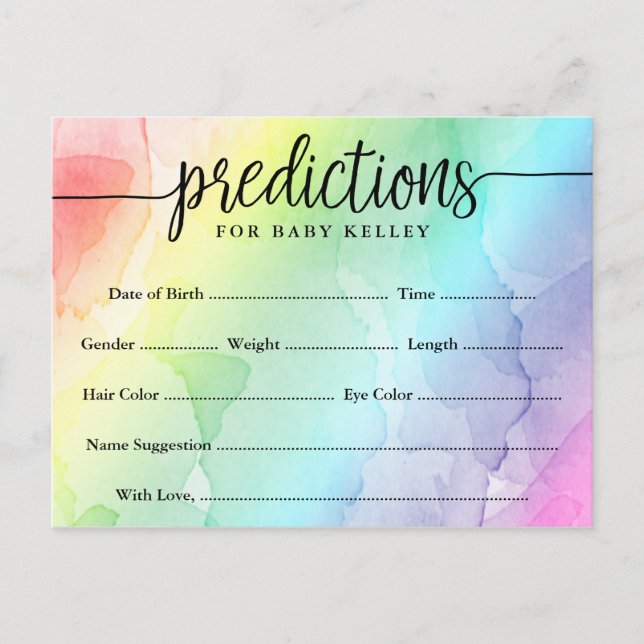 Tarjeta de predicciones de Baby Shower Rainbow (Anverso)