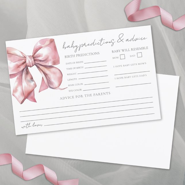 Tarjeta de predicciones de consejos de Baby Shower (Pink Bow Baby Shower Advice Predictions Card)