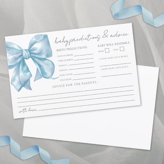 Tarjeta de predicciones de consejos para baby show (Blue Bow Baby Shower Advice Predictions Card)