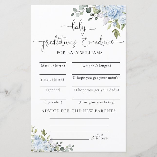Tarjeta de predicciones para baby shower botánico  (Anverso)