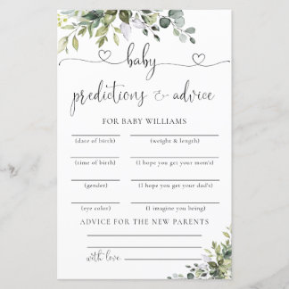 Tarjeta de predicciones para baby shower de eucali