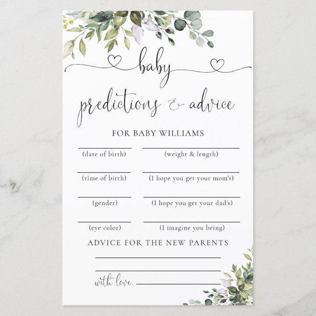 Tarjeta de predicciones para baby shower de eucali (Anverso)