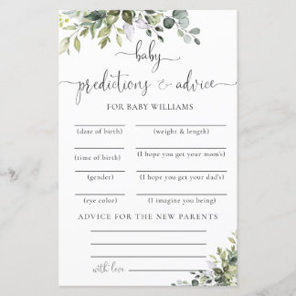 Tarjeta de predicciones para baby shower de eucali