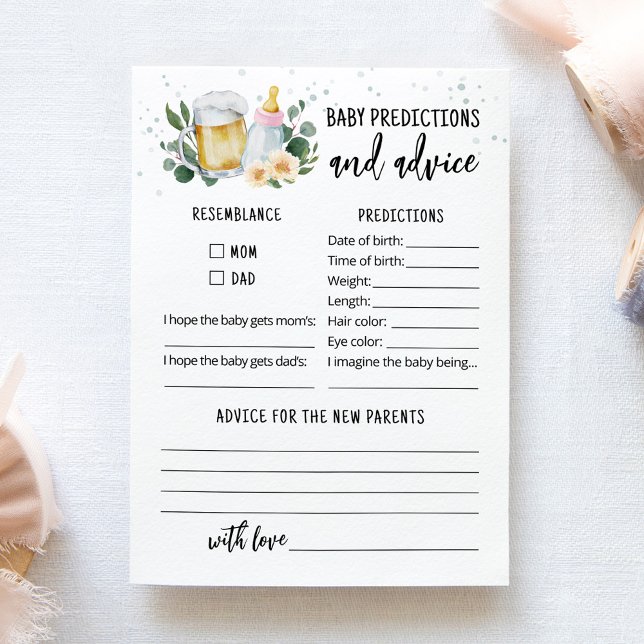 Tarjeta de predicciones y consejos para bebé Baby  (Beer and Floral Baby Shower Baby Predictions and Advice Game)
