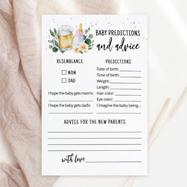 Tarjeta de predicciones y consejos para bebé El be (Beer and Floral Baby is Brewing Baby Shower Baby Predictions and Advice Game Card)
