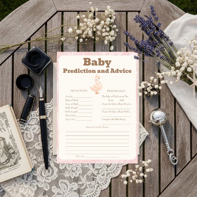 Tarjeta de predicciones y consejos para bebé rosa  (Silly Goose Pink Baby Predictions & Advice Card)
