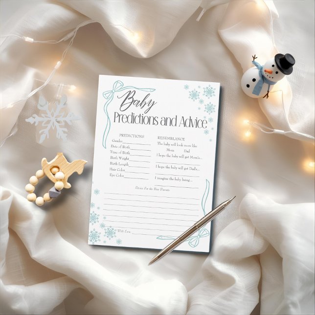 Tarjeta de predicciones y consejos para bebé Snow  (Snow Coquette Green Baby Predictions Advice Card)
