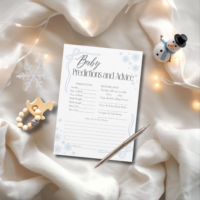Tarjeta de predicciones y consejos para bebé Snow  (Snow Coquette Blue Baby Predictions & Advice Card)
