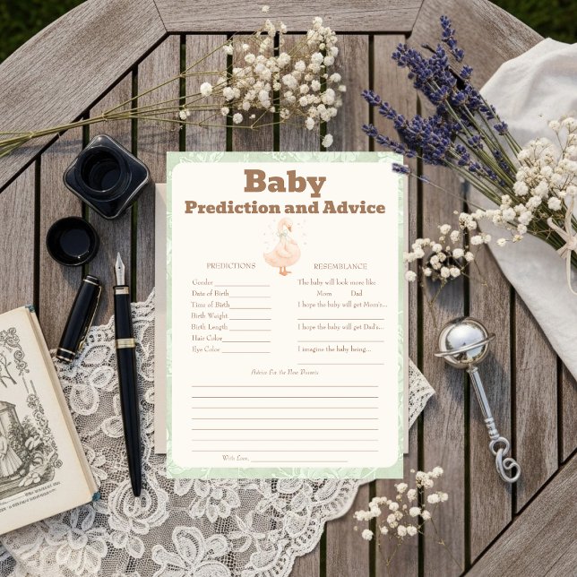 Tarjeta de Predicciones y Consejos Silly Goose Gre (Silly Goose Green Baby Predictions & Advice Card)