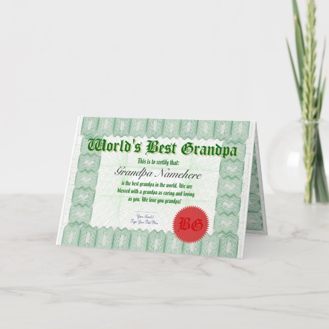 Tarjeta de premio al mejor abuelo del mundo (Anverso)