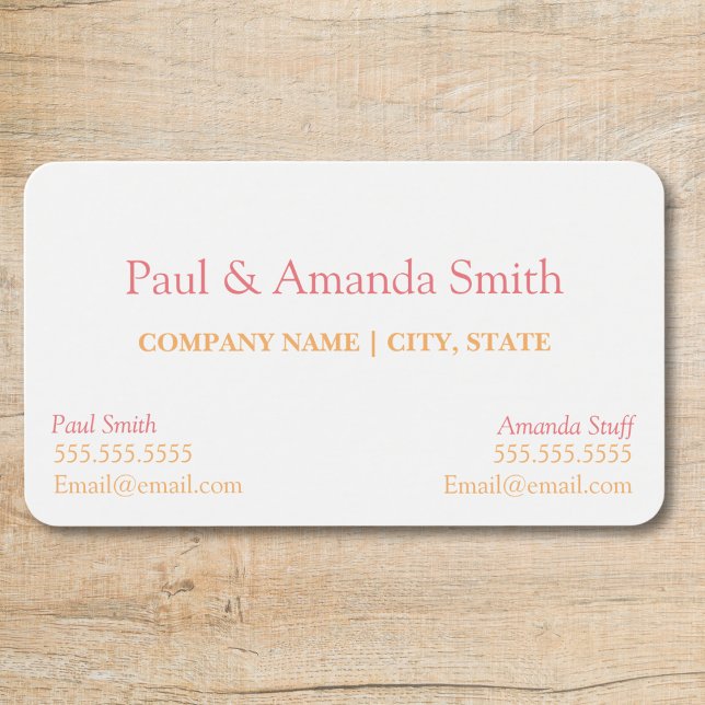 Tarjeta de presentación - 2 nombres (business card with slot for two names Rounded corners Pink and Orange text, two contacts)