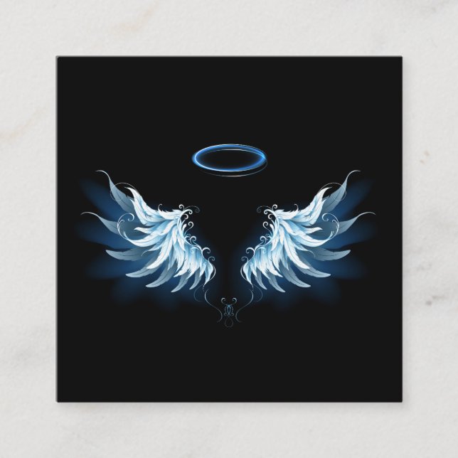 Tarjeta De Presentación Alas del Ángel Azul brillante sobre fondo negro (Anverso)