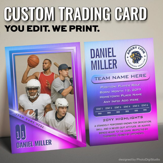 Tarjeta De Presentación All Sports Custom Trading Card, Neon Chrome Steel  (Custom All Sports Trading Card, Stainless Steel Neon Chrome Trading Card )