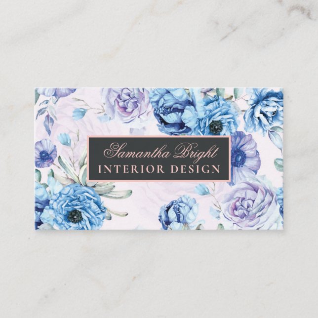 Tarjeta de presentación básica floral azul (Anverso)
