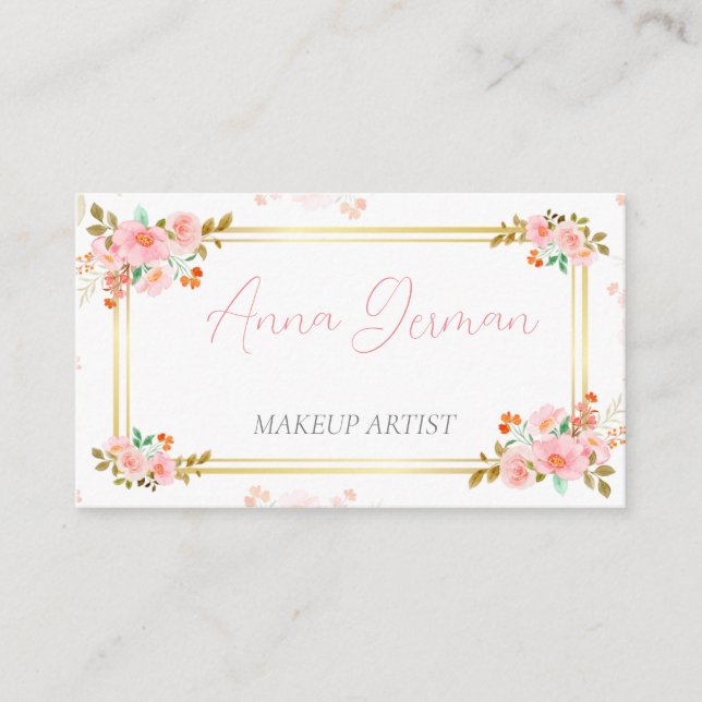 Tarjeta De Presentación bello diseño con marco dorado y flores (Anverso)