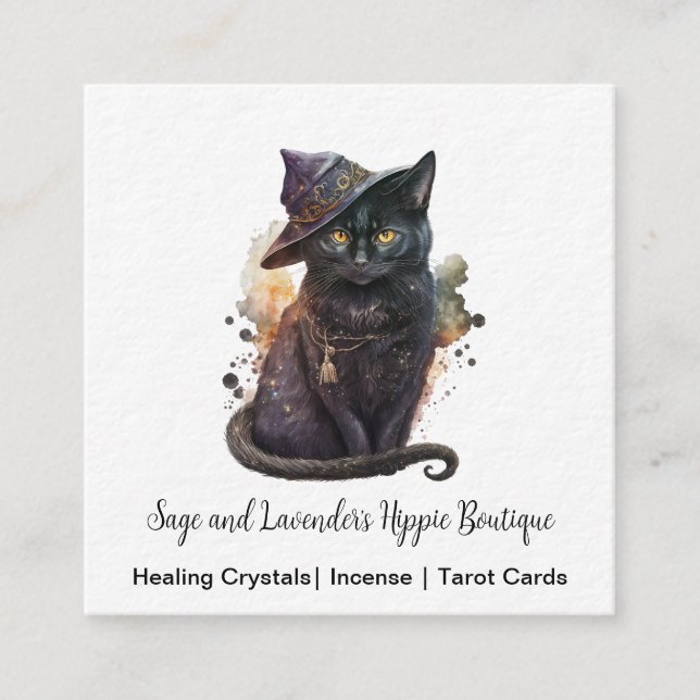 Tarjeta de presentación Black Cat Witchy Square (Anverso)