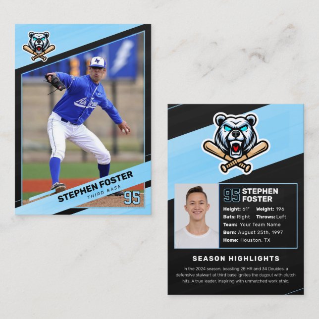 Tarjeta De Presentación Blue & Black Baseball Trading Card, Baseball Card (Anverso / Reverso)