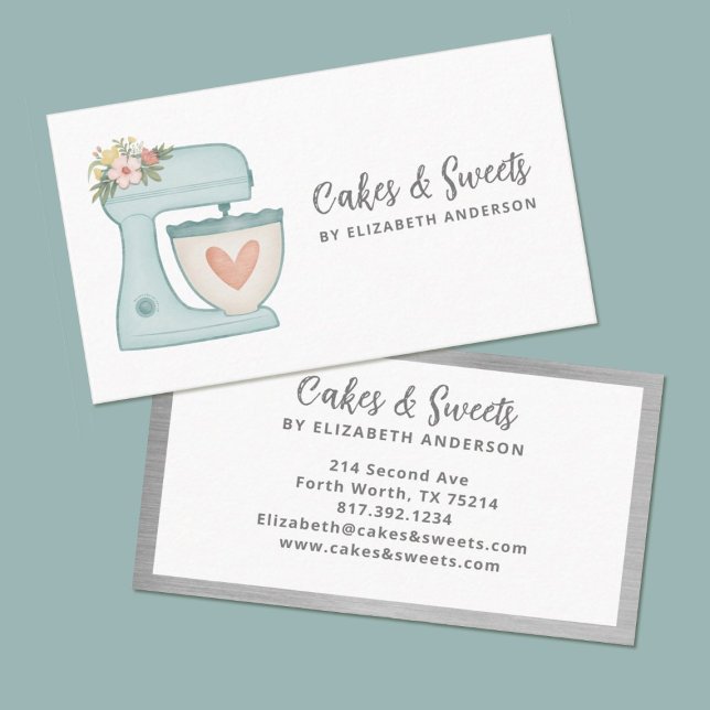 Tarjeta de presentación Blue Floral Cake Mixery Ba (A pretty kitchen mixer decorates this bakery business card.)