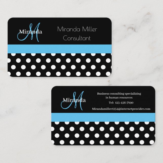 Tarjeta de presentación Blue Monogram Black Polka  (Anverso / Reverso)