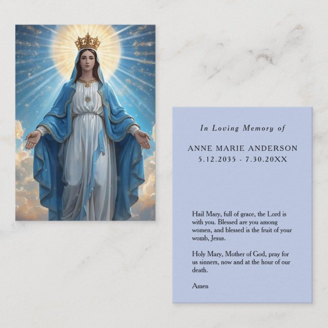 Tarjeta De Presentación Blue VIrgin Mary Memorial Card (Anverso / Reverso)