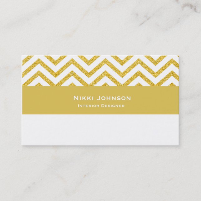 Tarjeta de presentación Chevron White & Gold Glam (Anverso)