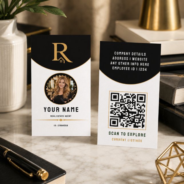 Tarjeta De Presentación Código QR de Identificación de Bienes Raíces Moder (Luxury Black Gold Modern Real Estate QR Code ID Calling Card)