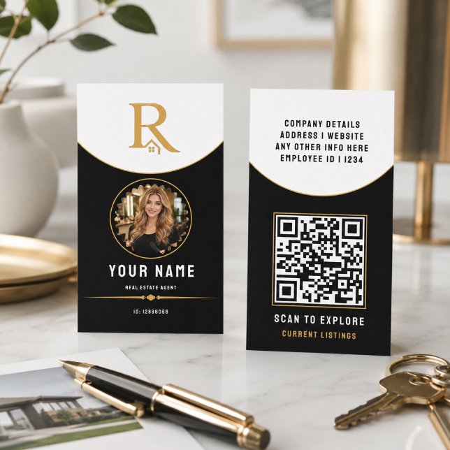 Tarjeta De Presentación Código QR de Identificación de Bienes Raíces Moder (Luxury Black Gold Modern Real Estate QR Code ID Calling Card
)
